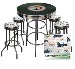 PITTSBURGH STEELERS LOGO METAL CHROME BAR TABLE GLASS TOP W/ 4WHITE FABRIC CUSHION SWIVEL BAR STOOLS