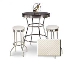3 Piece Black / Chrome Bar Table & 2 Chrome Finish White Textured Vinyl Seat Barstools