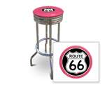 New 29" Tall Chrome Swivel Seat Bar Stool featuring Route 66 Theme with Hot Pink Seat Cushion