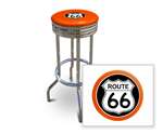 New 29" Tall Chrome Swivel Seat Bar Stool featuring Route 66 Theme with Orange Seat Cushion