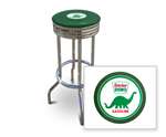 New 29" Tall Chrome Swivel Seat Bar Stool featuring Dino Gas Theme with Green Seat Cushion