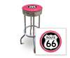 New 24" Tall Chrome Swivel Seat Bar Stool featuring Route 66 Theme with Hot Pink Seat Cushion