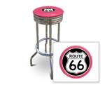 New 24" Tall Chrome Swivel Seat Bar Stool featuring Route 66 Theme with Hot Pink Seat Cushion