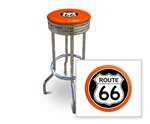 New 24" Tall Chrome Swivel Seat Bar Stool featuring Route 66 Theme with Orange Seat Cushion