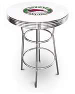 New Vintage Gasoline Themed 42" Tall Chrome Metal Bar Table with White Table Top Featuring Buffalo Gasoline Logo Theme!