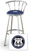 New 24" Tall Chrome Swivel Seat Bar Stool featuring Route 66 Theme with Blue Seat Cushion