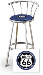 New 24" Tall Chrome Swivel Seat Bar Stool featuring Route 66 Theme with Blue Seat Cushion