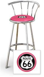 New 24" Tall Chrome Swivel Seat Bar Stool featuring Route 66 Theme with Hot Pink Seat Cushion