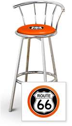 New 24" Tall Chrome Swivel Seat Bar Stool featuring Route 66 Theme with Orange Seat Cushion