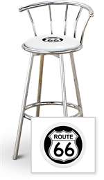 New 24" Tall Chrome Swivel Seat Bar Stool featuring Route 66 Theme with White Seat Cushion