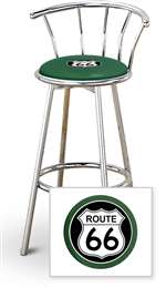 New 24" Tall Chrome Swivel Seat Bar Stool featuring Route 66 Theme with Green Seat Cushion