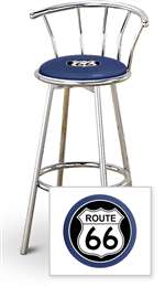 New 29" Tall Chrome Swivel Seat Bar Stool featuring Route 66 Theme with Blue Seat Cushion