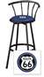 New 24" Tall Black Swivel Seat Bar Stool featuring Route 66 Theme with Blue Seat Cushion