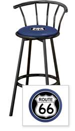New 24" Tall Black Swivel Seat Bar Stool featuring Route 66 Theme with Blue Seat Cushion