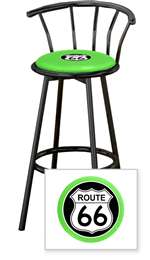 New 24" Tall Black Swivel Seat Bar Stool featuring Route 66 Theme with Bright Seat Cushion
