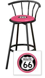 New 24" Tall Black Swivel Seat Bar Stool featuring Route 66 Theme with Hot Pink Seat Cushion