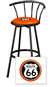 New 24" Tall Black Swivel Seat Bar Stool featuring Route 66 Theme with Orange Seat Cushion