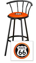 New 24" Tall Black Swivel Seat Bar Stool featuring Route 66 Theme with Orange Seat Cushion