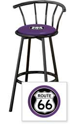New 24" Tall Black Swivel Seat Bar Stool featuring Route 66 Theme with Purple Seat Cushion