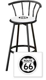 New 24" Tall Black Swivel Seat Bar Stool featuring Route 66 Theme with White Seat Cushion