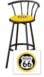 New 24" Tall Black Swivel Seat Bar Stool featuring Route 66 Theme with Yellow Seat Cushion