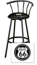 New 24" Tall Black Swivel Seat Bar Stool featuring Route 66 Theme with Black Seat Cushion
