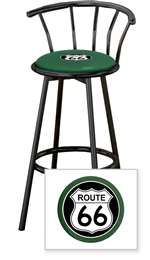 New 24" Tall Black Swivel Seat Bar Stool featuring Route 66 Theme with Green Seat Cushion