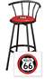 New 24" Tall Black Swivel Seat Bar Stool featuring Route 66 Theme with Red Seat Cushion