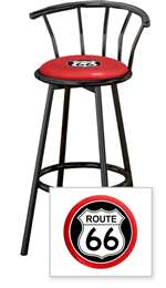 New 24" Tall Black Swivel Seat Bar Stool featuring Route 66 Theme with Red Seat Cushion