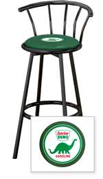 New 24" Tall Black Swivel Seat Bar Stool featuring Dino Gas Theme with Green Seat Cushion