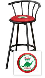 New 24" Tall Black Swivel Seat Bar Stool featuring Dino Gas Theme with Red Seat Cushion