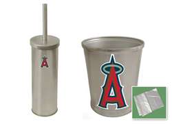 New Brushed Aluminum Finish Toilet Brush and Holder & Trash Can Set featuring Anaheim Angels MLB Team Logo