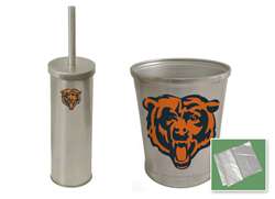 New Brushed Aluminum Finish Toilet Brush and Holder & Trash Can Set featuring Chicago Bears NFL Team Logo