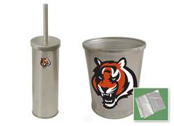 New Brushed Aluminum Finish Toilet Brush and Holder & Trash Can Set featuring Cincinatti Bengals NFL Team Logo