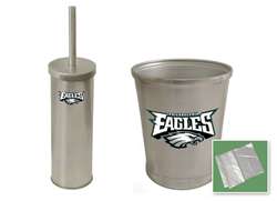 New Brushed Aluminum Finish Toilet Brush and Holder & Trash Can Set featuring Philadelphia Eagles NFL Team Logo