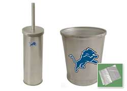 New Brushed Aluminum Finish Toilet Brush and Holder & Trash Can Set featuring Detroit Lions NFL Team Logo