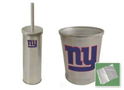 New Brushed Aluminum Finish Toilet Brush and Holder & Trash Can Set featuring New York Giants NFL Team Logo