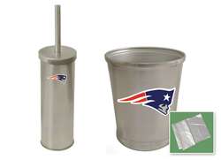 New Brushed Aluminum Finish Toilet Brush and Holder & Trash Can Set featuring New England Patriots NFL Team Logo
