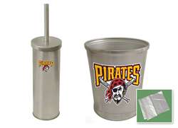 New Brushed Aluminum Finish Toilet Brush and Holder & Trash Can Set featuring Pittsburgh Pirates MLB Team Logo