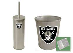 New Brushed Aluminum Finish Toilet Brush and Holder & Trash Can Set featuring Oakland Raiders NFL Team Logo