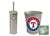 New Brushed Aluminum Finish Toilet Brush and Holder & Trash Can Set featuring Texas Rangers MLB Team Logo