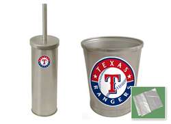 New Brushed Aluminum Finish Toilet Brush and Holder & Trash Can Set featuring Texas Rangers MLB Team Logo