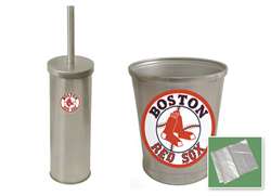 New Brushed Aluminum Finish Toilet Brush and Holder & Trash Can Set featuring Boston Red Sox MLB Team Logo
