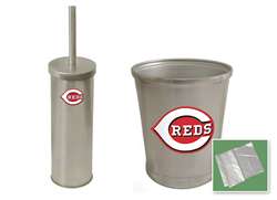 New Brushed Aluminum Finish Toilet Brush and Holder & Trash Can Set featuring Cincinnati Reds MLB Team Logo