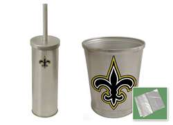 New Brushed Aluminum Finish Toilet Brush and Holder & Trash Can Set featuring New Orleans Saints NFL Team Logo