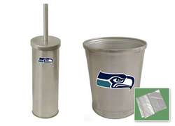 New Brushed Aluminum Finish Toilet Brush and Holder & Trash Can Set featuring Seattle Seahawks NFL Team Logo