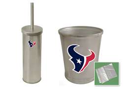 New Brushed Aluminum Finish Toilet Brush and Holder & Trash Can Set featuring Houston Texans NFL Team Logo