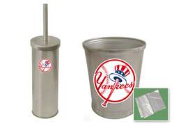 New Brushed Aluminum Finish Toilet Brush and Holder & Trash Can Set featuring New York Yankees MLB Team Logo