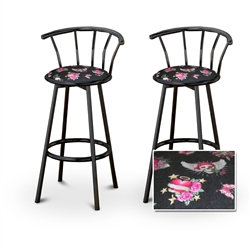 2 Pirate Skull Cute Girly Heart Custom Black Barstools with Backrest Set