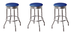 Bar Stools - Set of 3 Blue Glitter Vinyl Specialty / Custom Retro Style Swivel Seat Stools